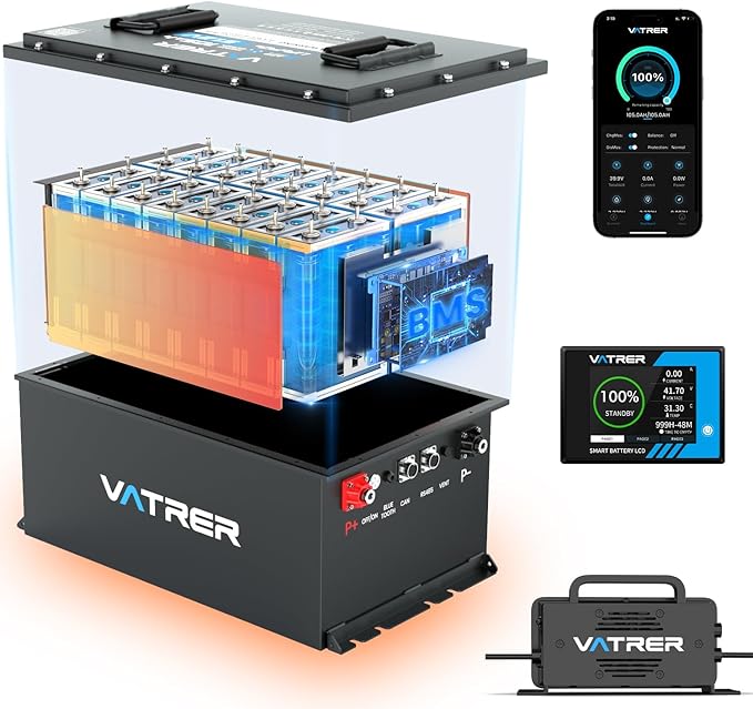 48V 105Ah Self-Heating Lithium Golf Cart Battery, Built-in Smart 200A BMS, with Touch Monitor & Mobile APP, 4000+ Cycles LiFePO4 Battery, Max 10.24kW Power Output, Perfect for Golf Carts