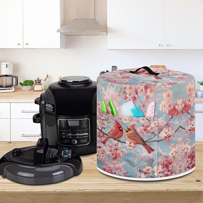 Xoenoiee Cardinal Bird Cherry Blossom Print Kitchen Appliance Dust Cover with Pockets, Electric Pressure Cooker Cover for qt Compatible with Crock Pot, Rice Cooker Cover, for 6 Qt Pot