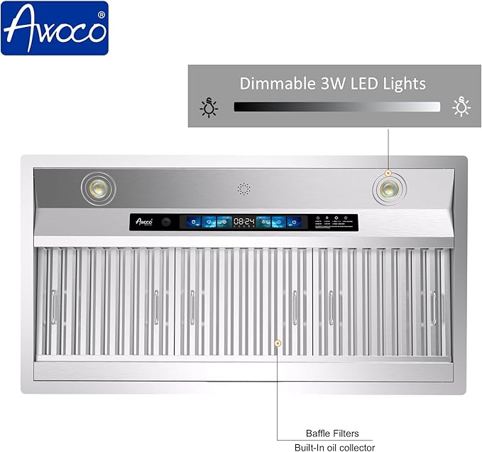 Awoco Range Hood Insert 36 Inch, Built-in Kitchen Hood with 800 CFM, Voice/Gesture/Touch Control, Stainless Steel Stove Hood with 4 Speed Exhaust Fan, Ducted, Ductless Convertible, Charcoal Filter