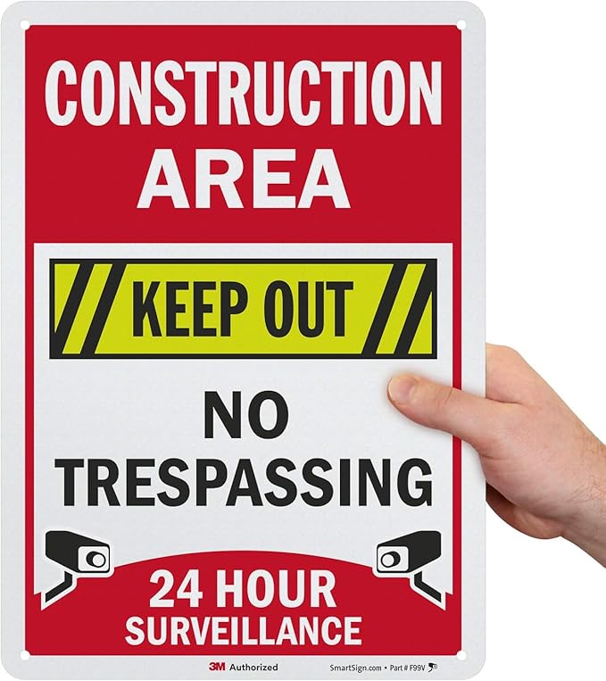 SmartSign “Construction Area - Keep Out, No Trespassing, 24 Hour Surveillance” Sign | 10" x 14" 3M Engineer Grade Reflective Aluminum, Made in USA