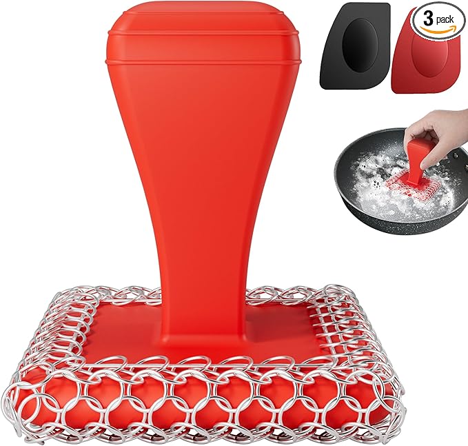 TOPULORS Cast Iron Scrubber Cleaner & 316L Stainless Steel Chainmail Scrubber with 2 Scrapers, Ergonomic Silicone Handle Brush for Pans Skillets Grills Dishes Cleaning - Non-Scratch Rust-Proof - Red