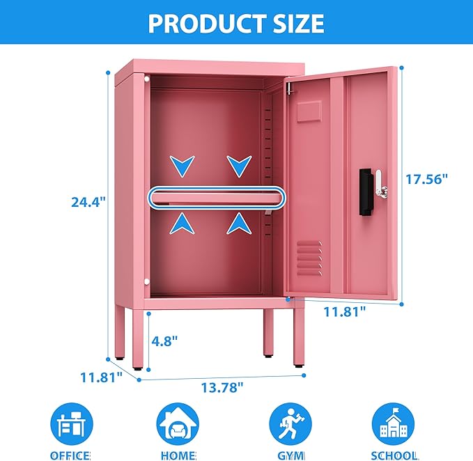 METAN Metal Storage Employees Lockers with 1 Lockable Doors,Locking Storage Cabinets for Small Spaces,Home,School,Gym,Assembly Required,Pink