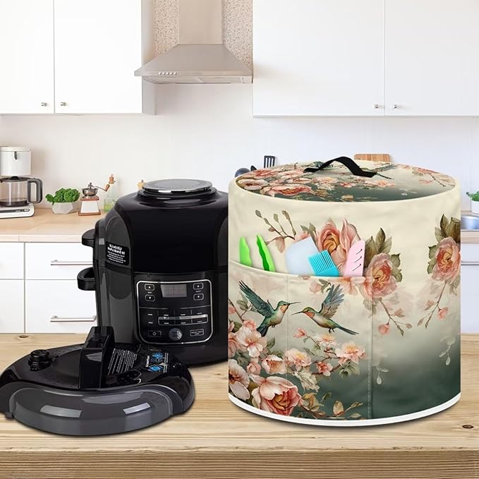 Xoenoiee Hummingbird Vintage Floral Print Kitchen Appliance Dust Cover with Pockets, Electric Pressure Cooker Cover Compatible with Crock Pot, Rice Cooker Cover, for 8 Qt Pot