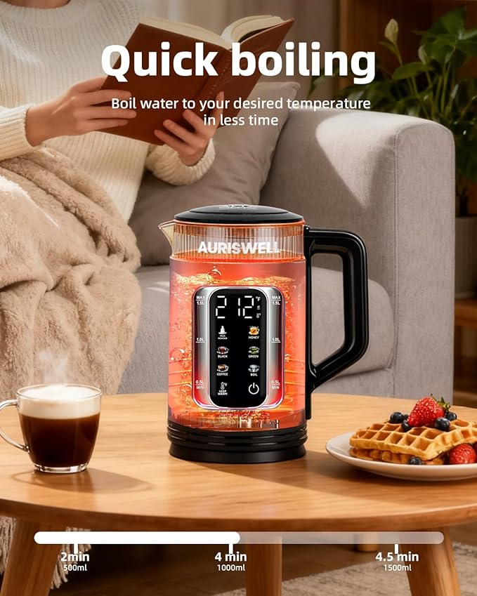 Electric Tea Kettle with Temperature Control, Glass smart Water Boiler for Tea, Coffee & Boil, Automatic Shut Off, 12h Keep Warm & One-Touch 6 Presets