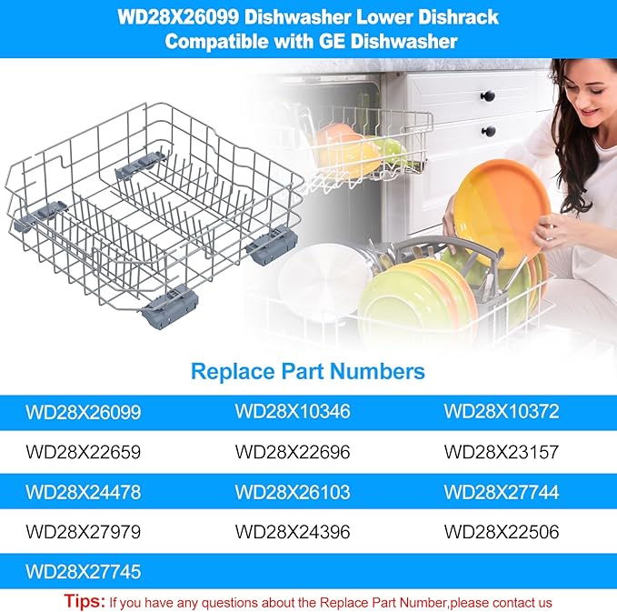 UPGRADED WD28X26099 WD28X34744 Dishwasher Lower Rack Compatible with GE Dishwasher Rack Replacement Parts WD28X24396 WD28X22659 WD28X28918 GDF510PSM0SS GDF510PSD1SS GE Dishwasher Rack Parts with Wheel