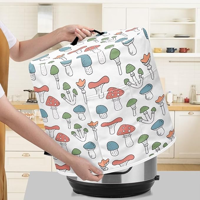 Cute Mushroom Print Pressure Cooker Cover 6 Quart Air Fryer Cover Kitchen Appliance Dust Cover Cover with Pockets for Electric Pressure Cooker Rice Cooker Steamer,White