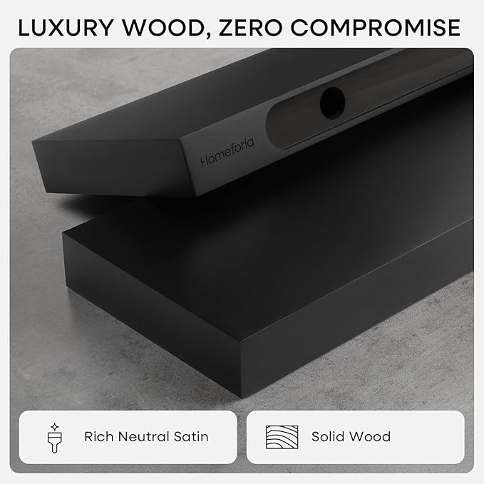 Homeforia Floating Shelf Black 12 inch, High End Solid Real Wood Small 12inch Floating Shelves for Wall Mounted, Black Wooden 12 in Floating Shelves, Heavy Duty Bracket, 12 X 6.5 X 1.75 inch, Set of 2