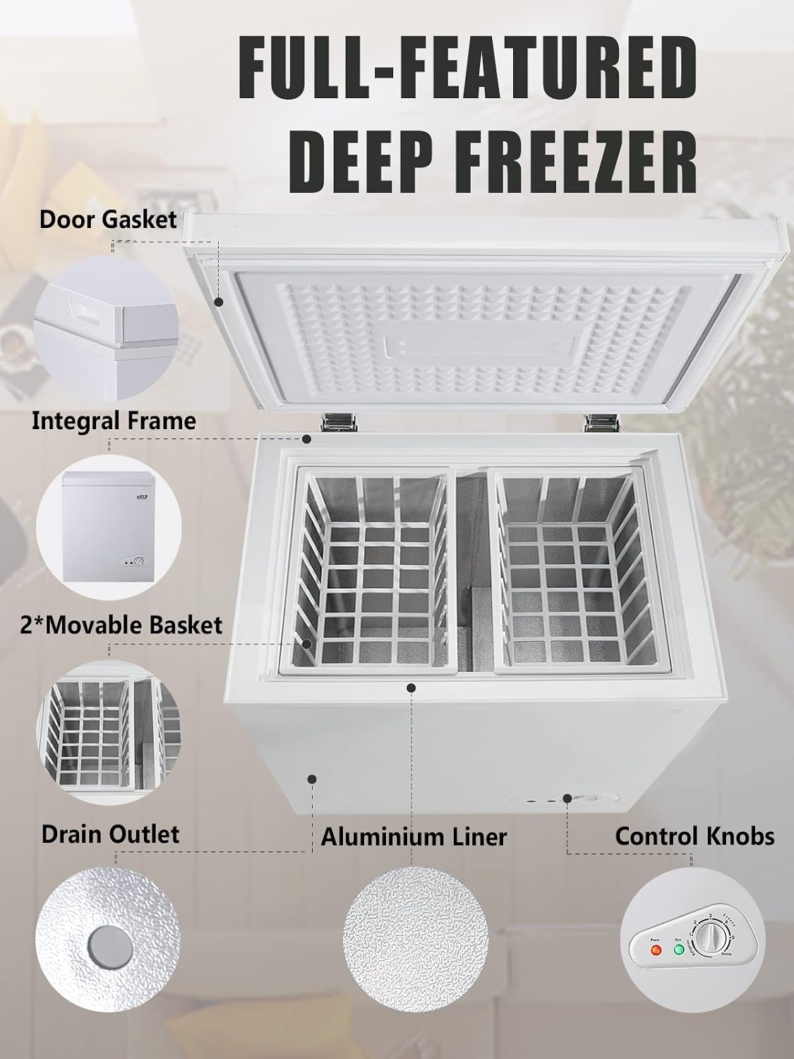 7.0 Cu.Ft Chest Freezer 7 Gears Temperature Control(-4°F to 6.8°F), Deep Compact Freezer with A Removable Basket, for House, Kitchen, Garage, Basement, Shop, White