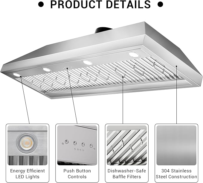 60-inch Range Hood Insert with Inline Remote Blower, CT Copper Tailor 1260CFM Kitchen Vent Hood, 4-Speed Exhaust Fan, 4 LED Lights, 8" Round Ducted,Baffle Filters, in Stainless Steel