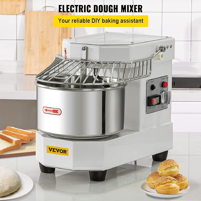 VEVOR Commercial Food Mixer, 8.5Qt Capacity, 450W Dual Rotating Dough Kneading Machine with Food-grade Stainless Steel Bowl, Security Shield & Timer Included, Baking Equipment for Restaurant Pizzeria