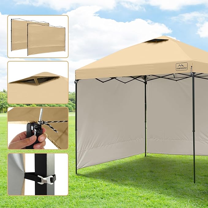 KAMPKEEPER 10x10 Easy Pop Up Canopy Tent with Sidewalls, Instant Outdoor Shade Shelter with Removable 10FT Sun Walls, Quick Setup Waterproof and UV-Resistant for Patio (Khaki, 2 sidewall)