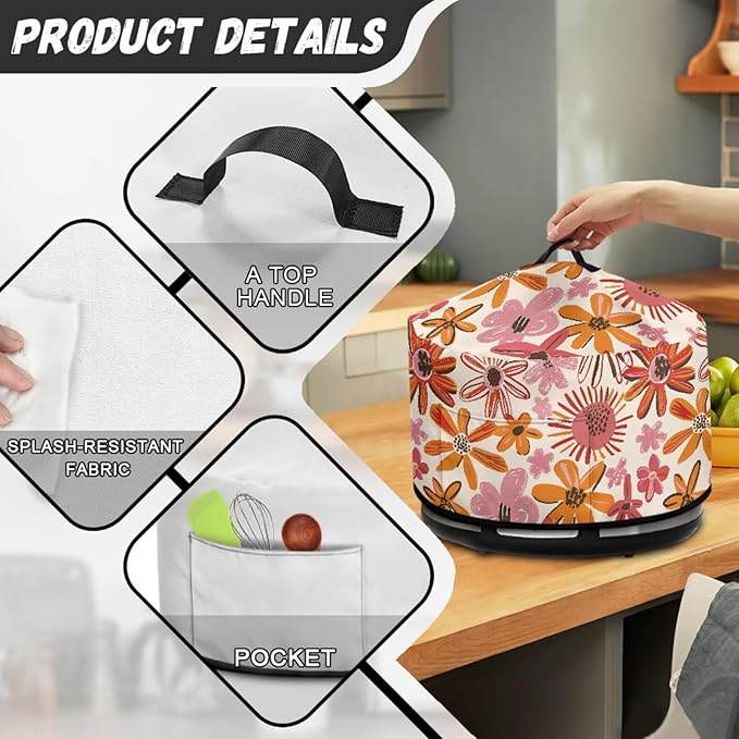 Doodle Daisy Floral Print Slow Cooker Dust Cover Compatible with 6/7/8 Quart Slow Cooker Dust Proof Electric Slow Cooker Cover with Storage Pocket for Crock Pot Decor