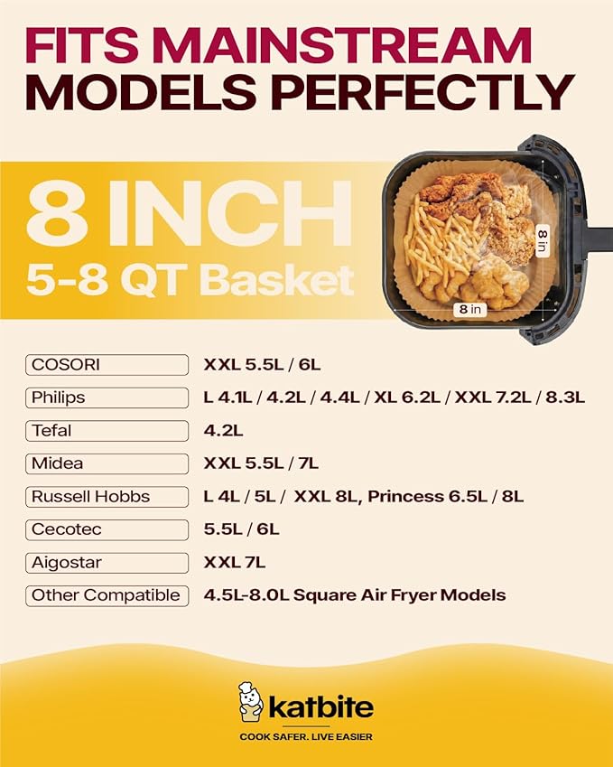 Katbite Air Fryer Liners Disposable - 8 inch Square Non-Stick Airfryer Paper Liners, Unbleached Parchment Paper for 5 to 8 Qt Basket, Frying, Baking, Cooking, Roasting, Easy Cleanup, 130pcs