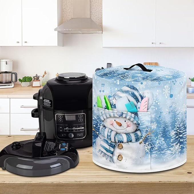 Christmas Theme Kitchen Appliance Dust Cover 3 Quart Pressure Cooker/Air Fryer/Rice Cooker Cover with Top Handle and Storage Pocker, Cute Snowman Blue