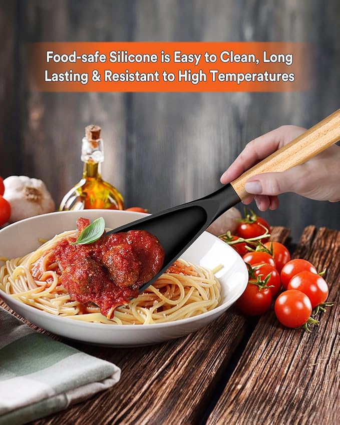 Multifunction Spoon for Nonstick Cookwares, Great for Cooking and Serving, Sturdy BPA-Free Matte Silicone, Wood Handle Spoonula for Mixing, Scoop, and Scrape, Black(2 pack,11.4" & 13.4")