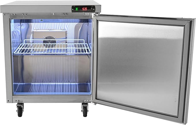VEVOR 28" W Commercial Refrigerator, Undercounter Worktop Refrigerator, 7.4 Cu. Ft Thick Stainless Steel Refrigerated Food Prep Station Fan Cooling Single Door Worktop Fridge with lock for Bar
