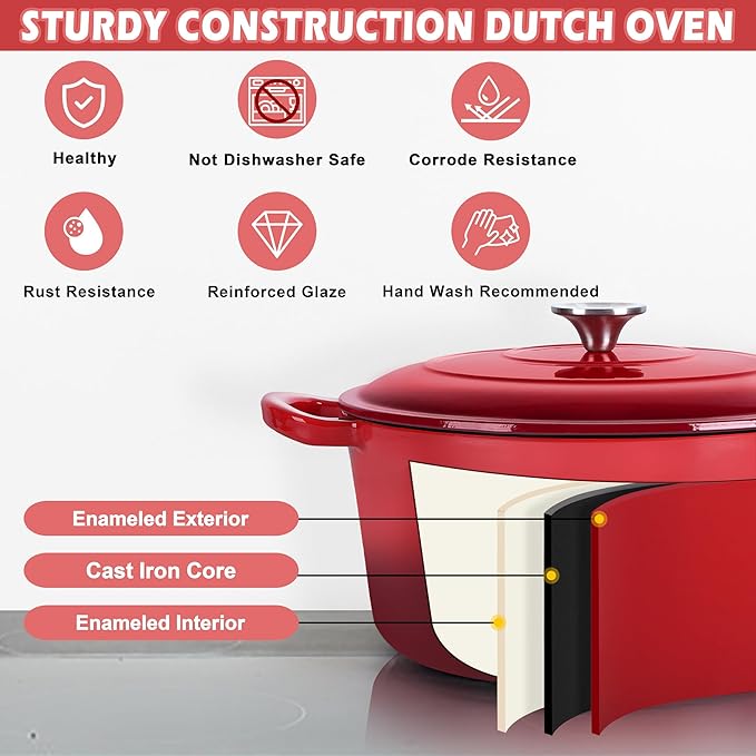 TeamFar 3qt Dutch Oven, Small Enameled Cast Iron Dutch Oven Pot with Lid, For Bread Baking/Stewing/Braising/Frying, Various Stoves & Oven Safe, Non-stick & Easy Clean, Red