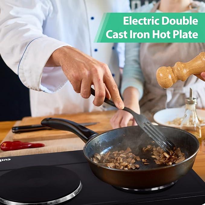 CUSIMAX Hot Plate, 1800W Electric Burner Double Hot Plate for Cooking Countertop Burner with Adjustable Temperature Control, Portable Electric Cast Iron Hot Plates Cooktop, Easy to Clean, Black