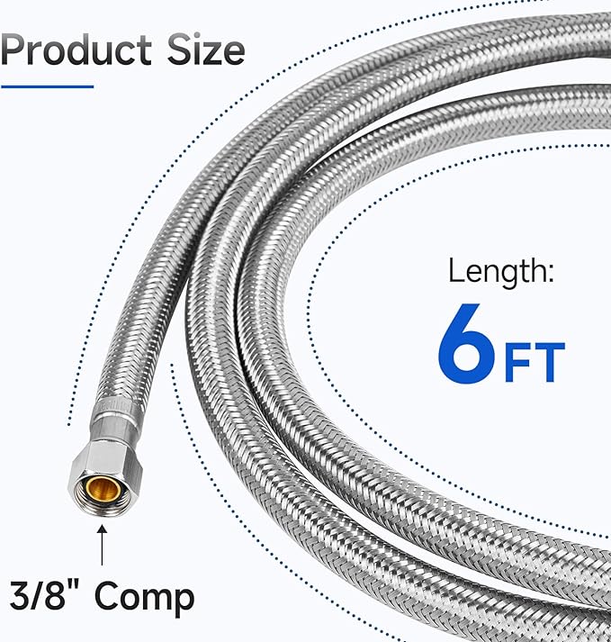 6 FT Dishwasher Installation Kit, Braided Stainless Steel Dishwasher Water Supply Line with 3/8" Compression Dishwasher Connectors, Burst-Resistant Inner Tube, Certified Safe