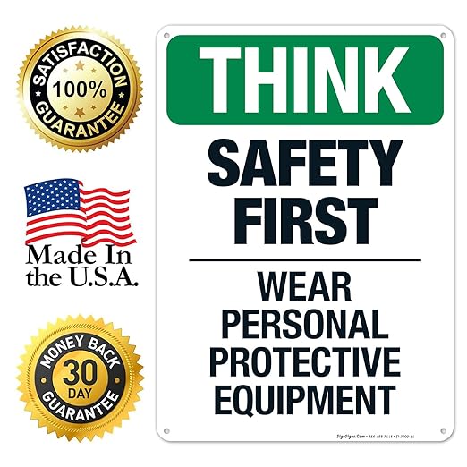 Think Safety First Wear Personal Protective Equipment Sign, 10x14 Inches, 55 mil Thick HDPS (high Density polystyrene), Made in USA
