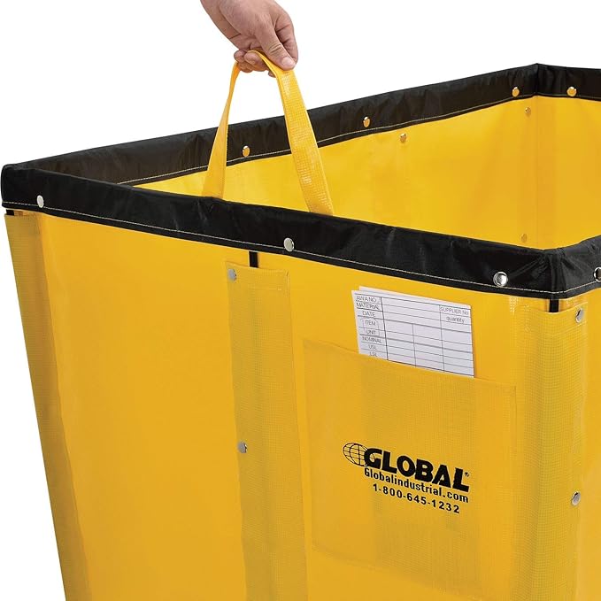 Global Industrial 12 Bushel, Yellow Vinyl Basket Bulk Truck, Unassembled, 36" L x 26" W x 33-1/2"H, Rolling Laundry Cart, Commercial Material Handling Cart with 4" Casters