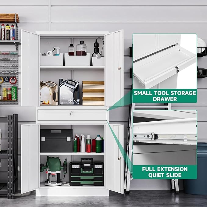 Letaya Metal Garage Storage Cabinet with Drawer,4 Door Tool Cabinet with Lock-2 Adjustable Shelves for Garage Home Office Utility Room (White)