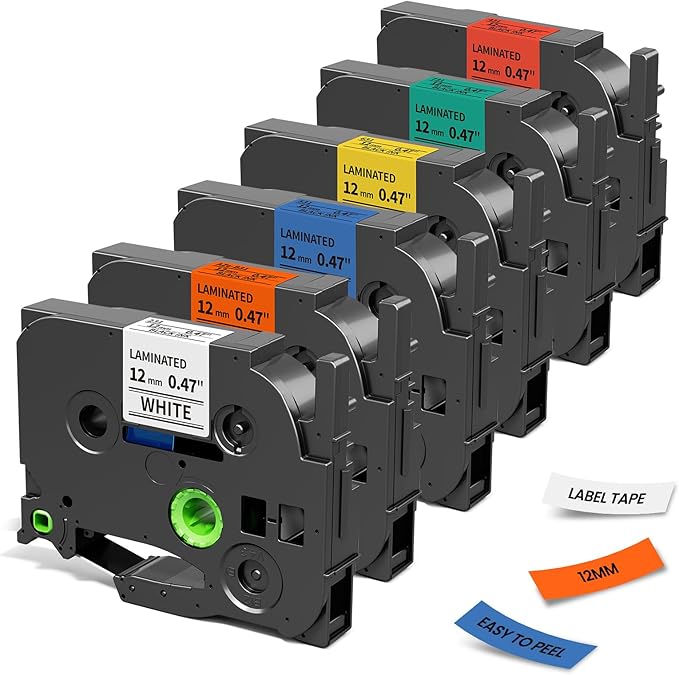 Replacement for Brother P Touch Label Maker Tape 12mm 0.47 Laminated Multicolor TZe TZ Tape, Compatible with PT-D210 D220 H110 D400 D600, White/Red/Blue/Yellow/Green/Orange, 1/2" x 26.2', 6-Pack