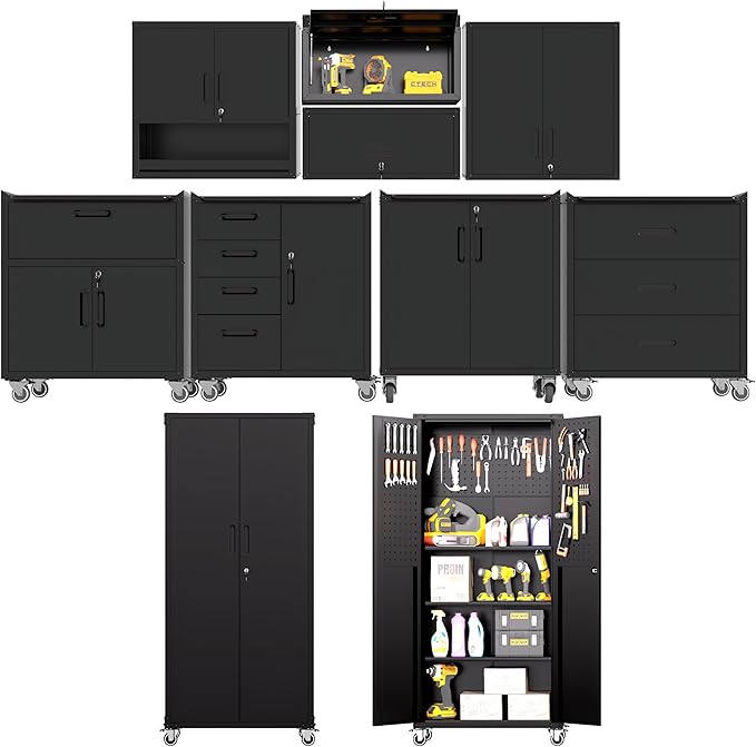Metal Tool Cabinet,Garage Storage Cabinet System,Wall Cabinet & Locking Rolling Tool Cabinet with Doors and Adjustable Shelves,Steel Tool Cabinets for Home (10 Pcs-StyleA, Black)