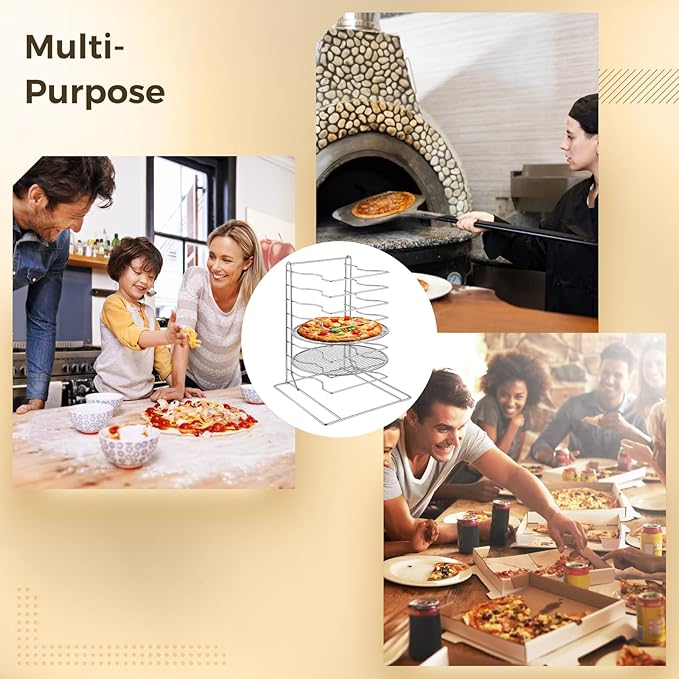 8 Tier Pizza Rack With 8 Perforated 12 Inch Perforated Pizza Pans with Holes, 16.7'' H x 12'' L x 12'' W Stainless Steel Pizza Pan Rack Holder for Buffet Table, Easy Storage Multiple Pizzas (8 Tier)