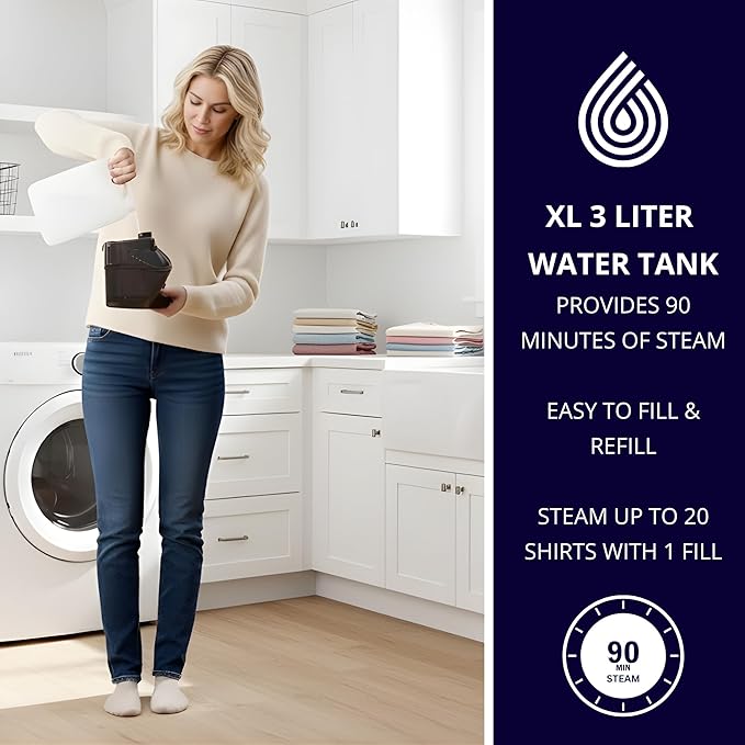 SALAV Heavy Duty Commercial Full-Size Garment Steamer with Foot Pedals and Extra Large 3L (101.5 oz) Water Tank, 1800 watts of Poweful Steam (Navy)
