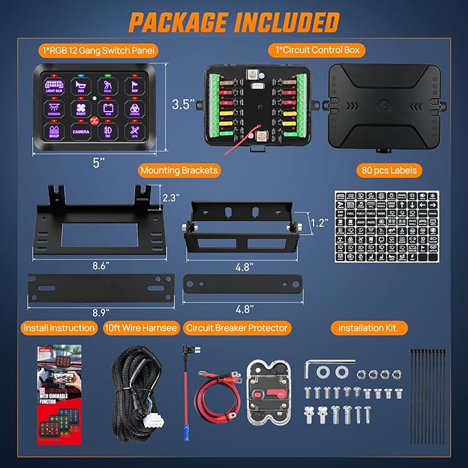 Nilight 12 Gang Switch Panel 12V 24V Universal Circuit Control Relay System with RGB Backlight Fuse Relay Wiring Harness Automatic Dimmable ON Off LED Switch Pod for Car Pickup Truck Camper SUV