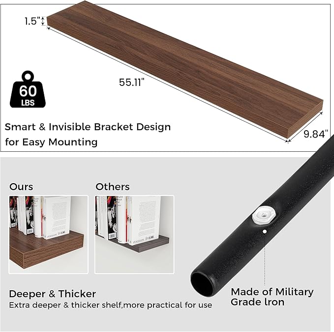 Floating Shelves for Wall 55"W x 10"D x 1.5"H, Long Engineered Wood Wall Shelves with Invisible Brackets for Living Room Bedroom Bathroom Office Kitchen Decor and Storage, Walnut Finish, Set of 1