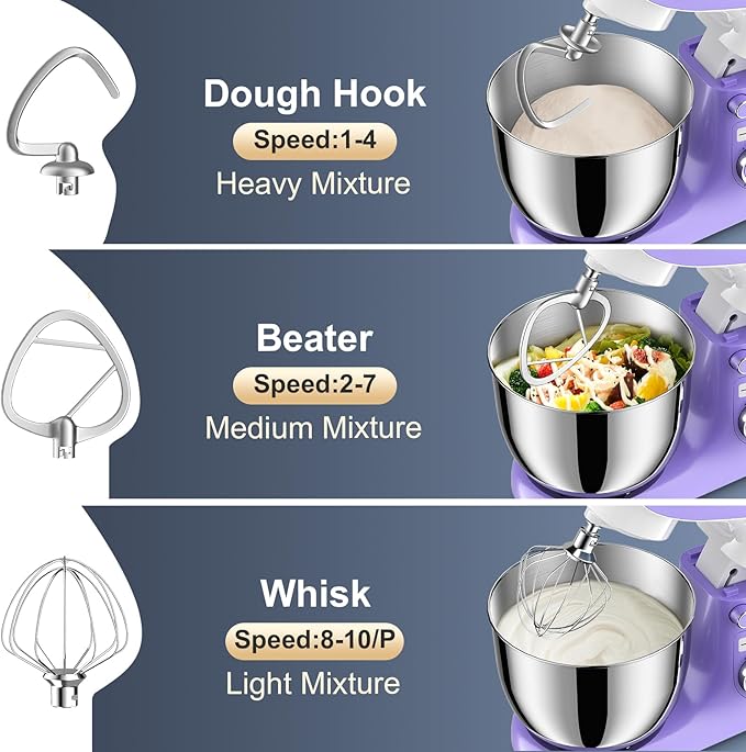 Stand Mixer, 6.5QT 10 Speeds Tilt-Head Electric Stand Mixer, 3-In-1 Kitchen Mixer with Bowl, Dough Hook, Whisk and Beater, Food Mixer for Baking and Daily Use (Purple White)