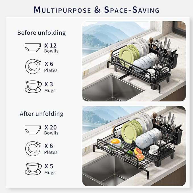 MIKEE Small Dish Drying Rack for Kitchen Counter, Expandable Rustproof Dish Drainer - Over The Sink Dish Drying Rack with 360° Rotating Drain, Kitchen Utensil Holder, Home and Kitchen Organization