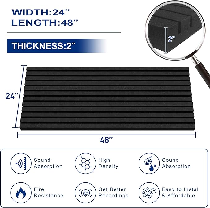 2 Pack Acoustic Foam Panels, 2" X 24" X 48" Wedge Soundproof Studio Foam for Walls,Sound Absorbing Panels, Sound Insulation for Studio, High Density Fireproof Studio Wedges (Black, 2 Pack)