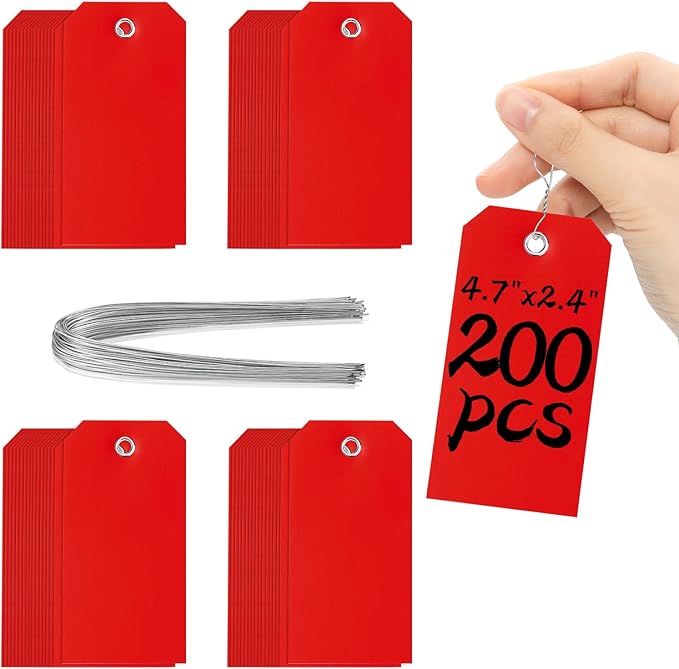 200 Red Tags - 4 3/4" x 2 3/8" Writable Hang Tags with Reinforced Marking for Auto Parts, Luggage, Garage, Inventory & Outdoors