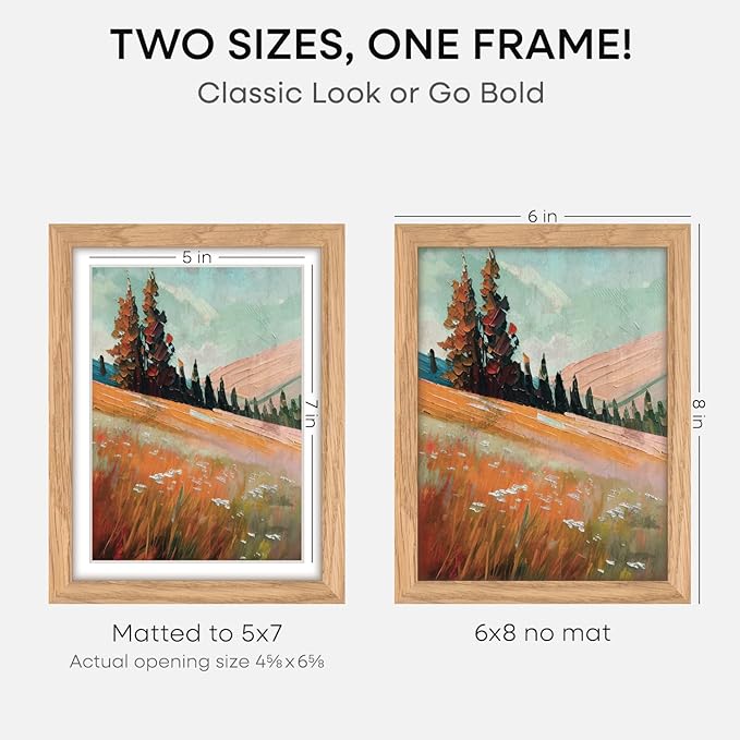 Homeforia 6x8 Picture Frame Natural Wood, High End Oak 6x8 Light Wooden Frames with Mat 5x7 for Photo, 6 x 8 Frame Matted to 5 x 7 Print, 8x6 Wall or Tabletop Frame, Tempered Glass, Wall Kit, Set of 3