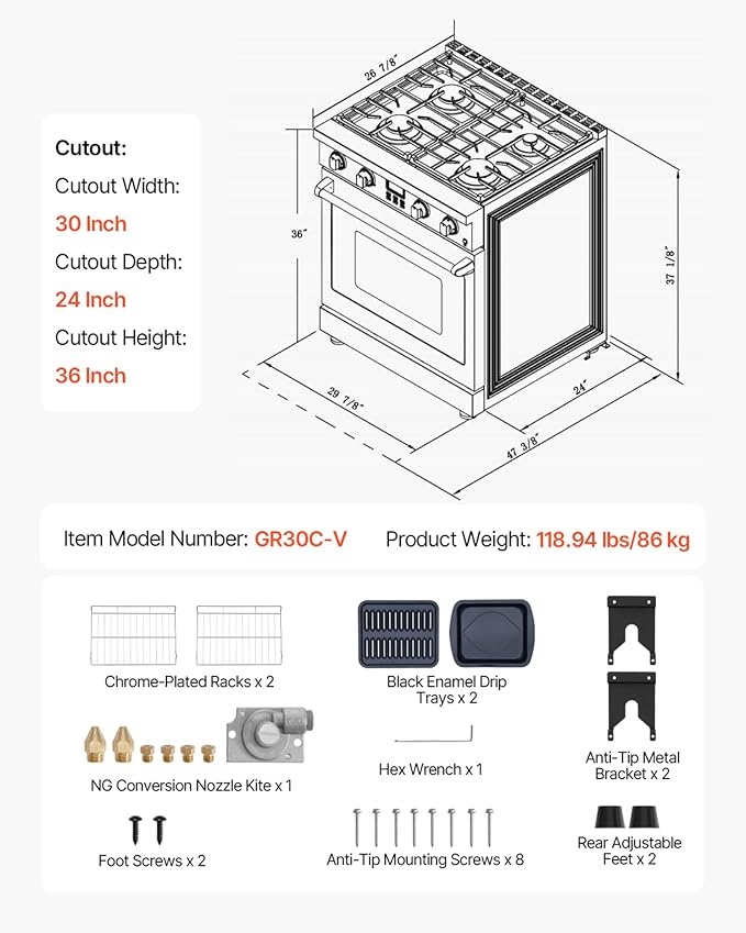 VEVOR Gas Range Oven, 30 Inches Width, Freestanding Stainless Steel Stove and Oven with 4 Sealed Cooktop Burners, Easy Reach Racks, Halogen Light, 4.8 Cu. Ft. Capacity, for Home Apartment Kitchen