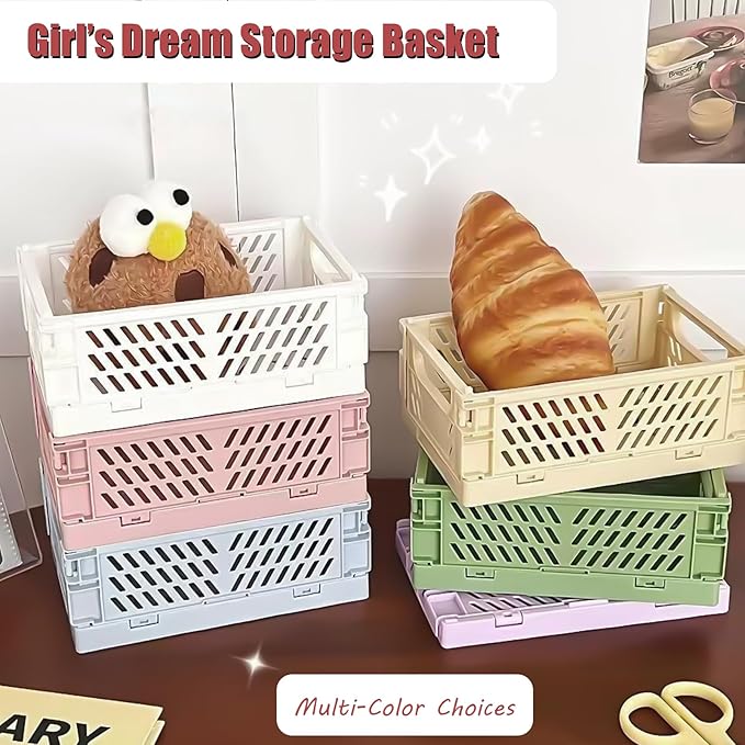 Pastel Plastic Storage Baskets 2 Pack, Collapsible Crates for Organizing, Space-Saving Bins for Kitchen, Office, Bedroom (Purple, Small: 5.8"x 3.8" x 2.2")