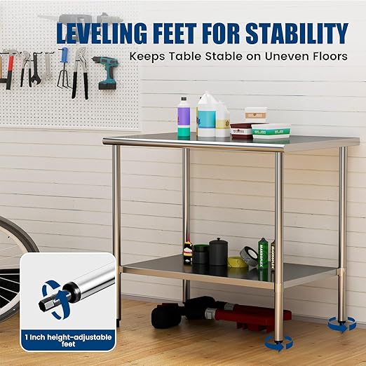 Stainless Steel Work Table 30 x 48 Inch with Adjustable Undershelf, Heavy-Duty Metal Prep Table for Commercial Kitchen & Restaurant, Garage, Outdoor