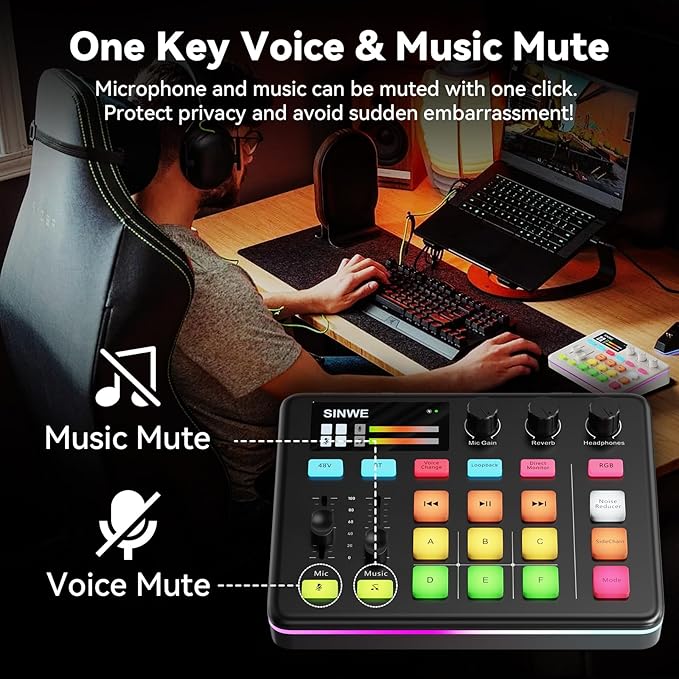 SINWE G1 Gaming Audio Mixer, RGB Audio Interface with Pro-preamp,Bluetooth, Streaming PC Mixer with XLR/48V Phantom Power for Live Streaming, Podcasting, Content Create, Gaming(White)