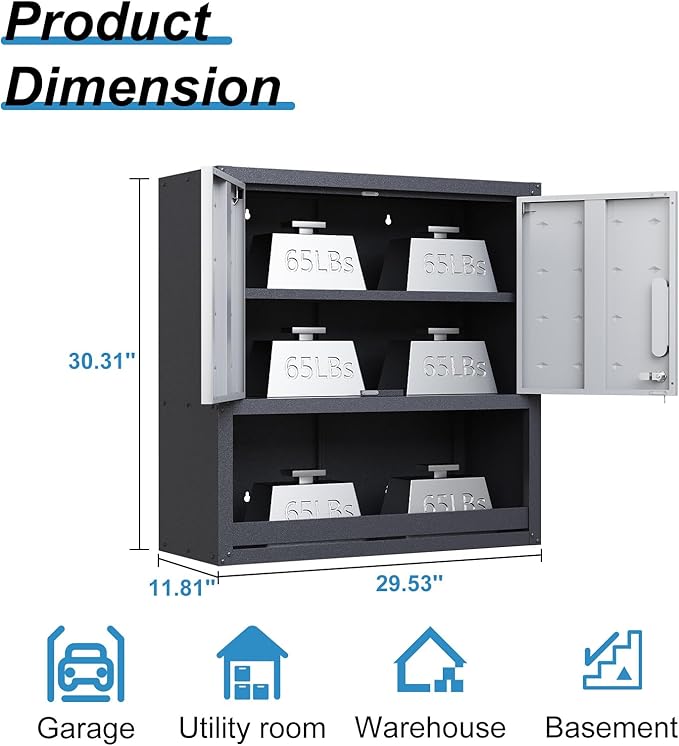 Garage Cabinet Wall Mounted with Doors and Opening Drawer, Heavy Duty Metal Garage Wall Cabinets Hanging Cabinets with Lock Tool Cabinet for Kitchen Warehouse, Assembly Required
