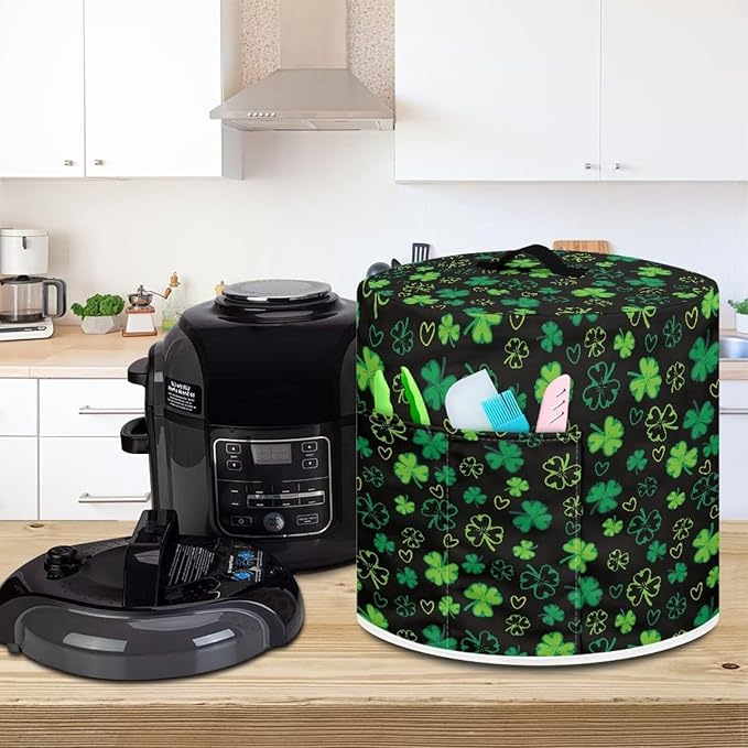 Xoenoiee Shamrock Black Print Kitchen Appliance Dust Cover with Pockets, Electric Pressure Cooker Cover Compatible with Crock Pot, Rice Cooker Covers for St.Patrick's Day Decor, for 3 Qt