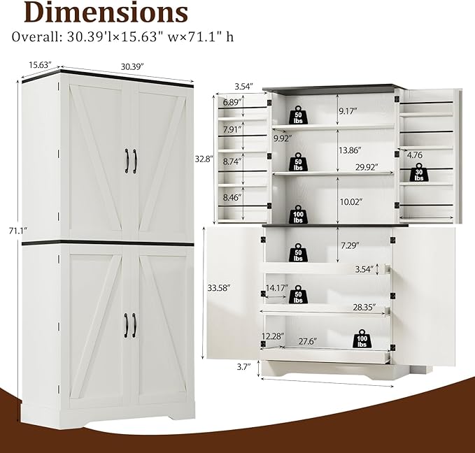 72" Kitchen Pantry Storage Cabinet, Farmhouse Pantry Cabinet with 8 Hanging Rack Shelves & 3 Pull-Out Racks, Pantry Storage Cabinet, Freestanding Cupboard for Kitchen, Dining Room, White