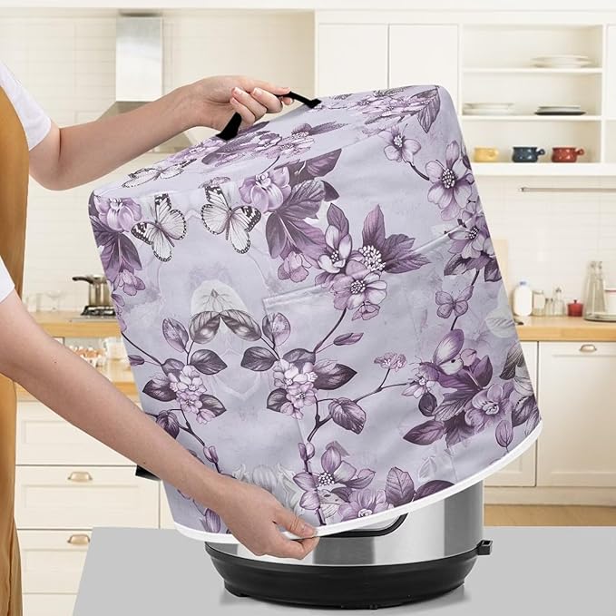 Purple Flower Pressure Cooker Cover for Women Dust Protection Insulated Rice Cooker Cover with Easy to Clean Lining Dust Cover with Pockets for Instant Pot 3 Quart Appliance Cover