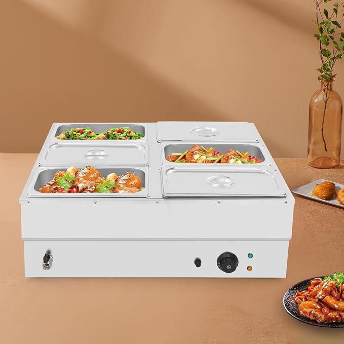 6-Pan Commercial Food Warmer 10.6Gal Electric Steam Table Stainless Steel Bain Marie Buffet Food Warmer Countertop with Temperature Control Lid for Catering and Restaurants(6-Pan)