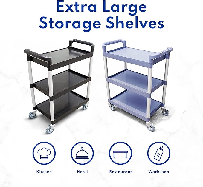New Star Foodservice 54538 250-Pound Plastic 3-Tier Utility Bus Cart with Locking Casters, 32" x 16" x 38", Black