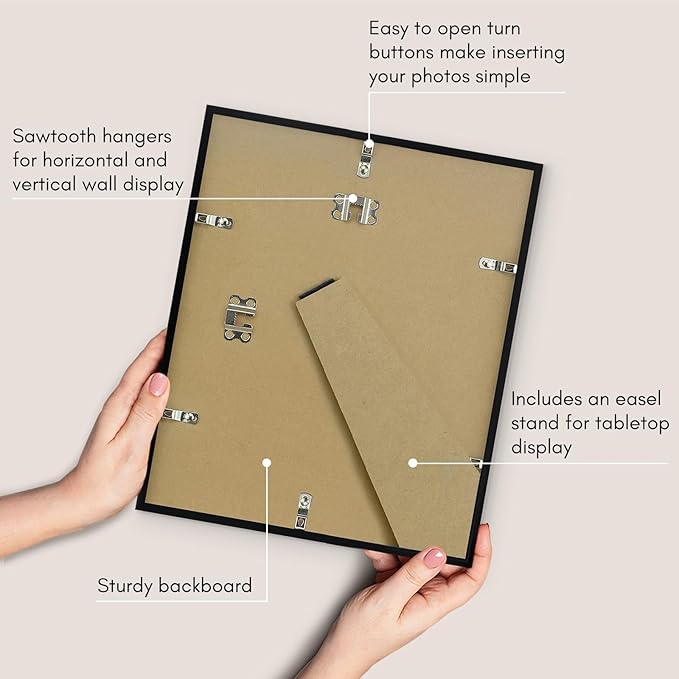 Americanflat 10x12 Picture Frame with Shatter-Resistant Glass - Streamline Collection - Thin Border Photo Frame for Tabletop and Wall Display - Hanging Hardware and Easel Stand Included - Black