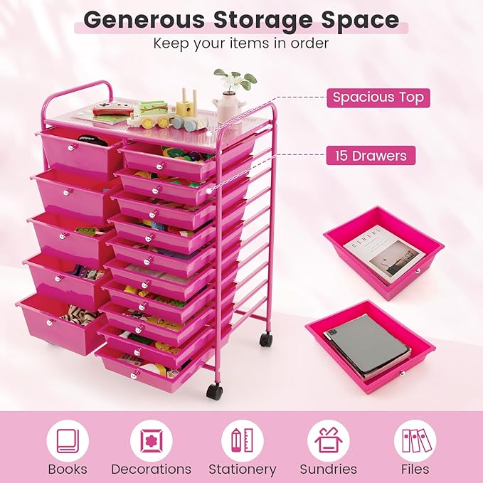 DORTALA 15-Drawer Rolling Storage Cart with Drawers, Rolling Utility Cart w/Removable Drawers & Universal Wheels, Tools Scrapbook Paper Organizer for School, Office, Home, Classroom (Hot Pink)
