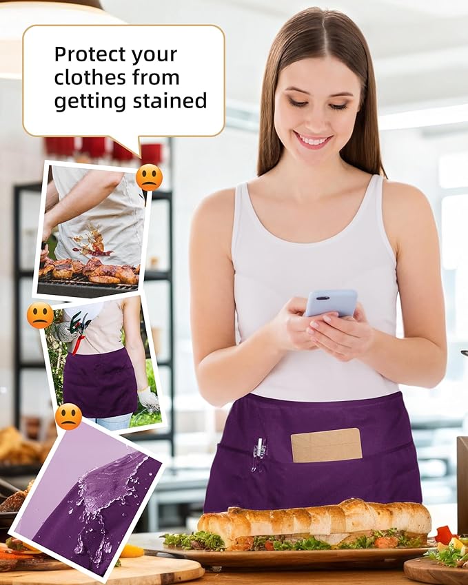 Argstar 2 Pack Server Apron with 4 Pockets, Waitress Waiter Waist Short Aprons(Available in 60/120 Pack)